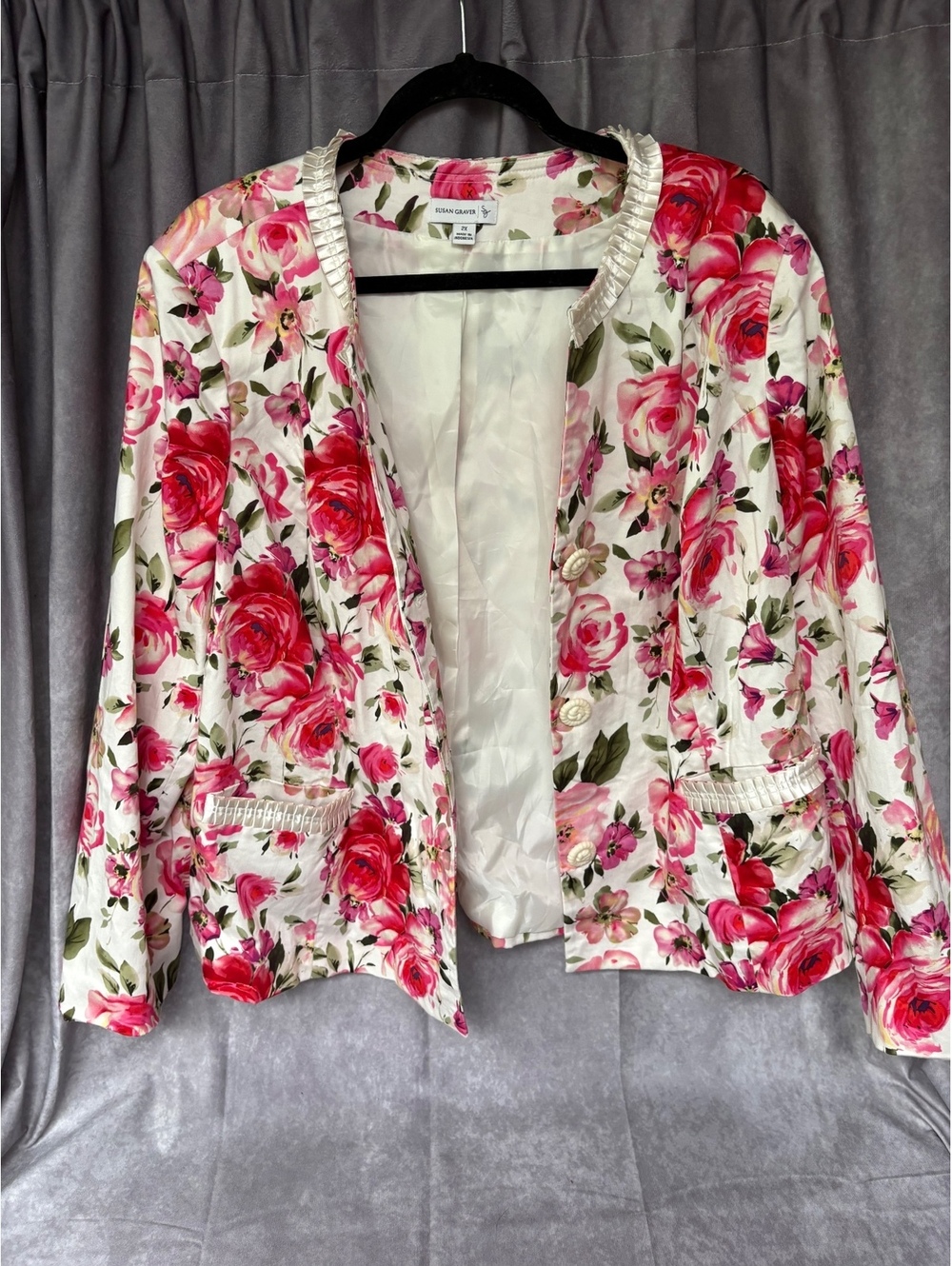 Susan Graver Floral Knit Blazer Jacket Pink Roses Women’s Plus 2X Stretch QVC